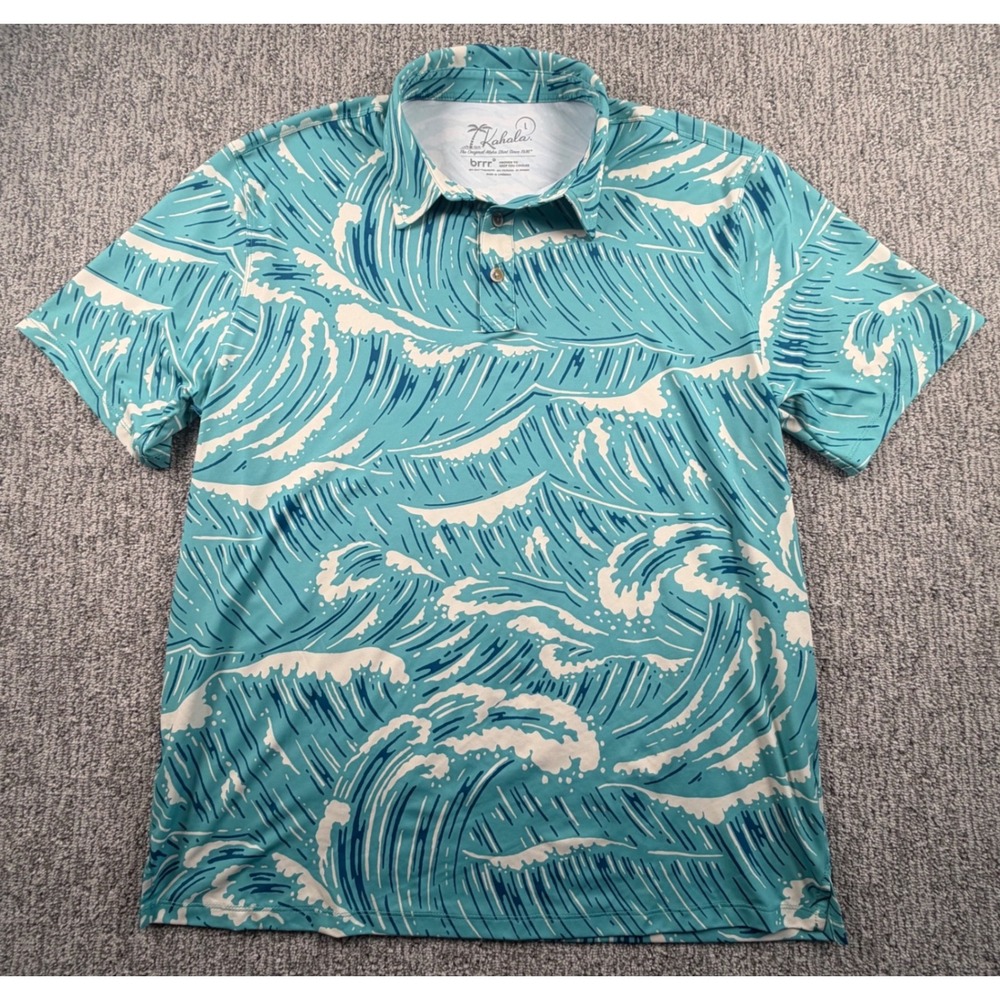 Kahala Polo Shirt Mens Large Blue Wave Print Brrr Cooling Performance Stretch